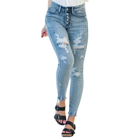 Judy Blue High Rise Skinny Jeans Bleach Splash Distressed Raw Hem Stretch 28 7 - Picture 13 of 13